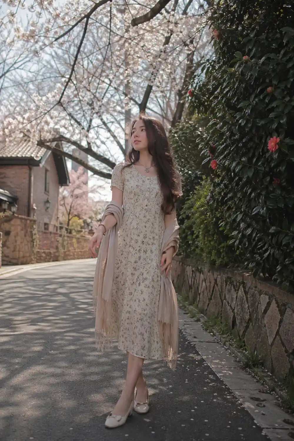 floral midi dress scarf outfit poetcore aesthetic soft romantic look full body outdoor spring style feminine flowy dress neutral tones