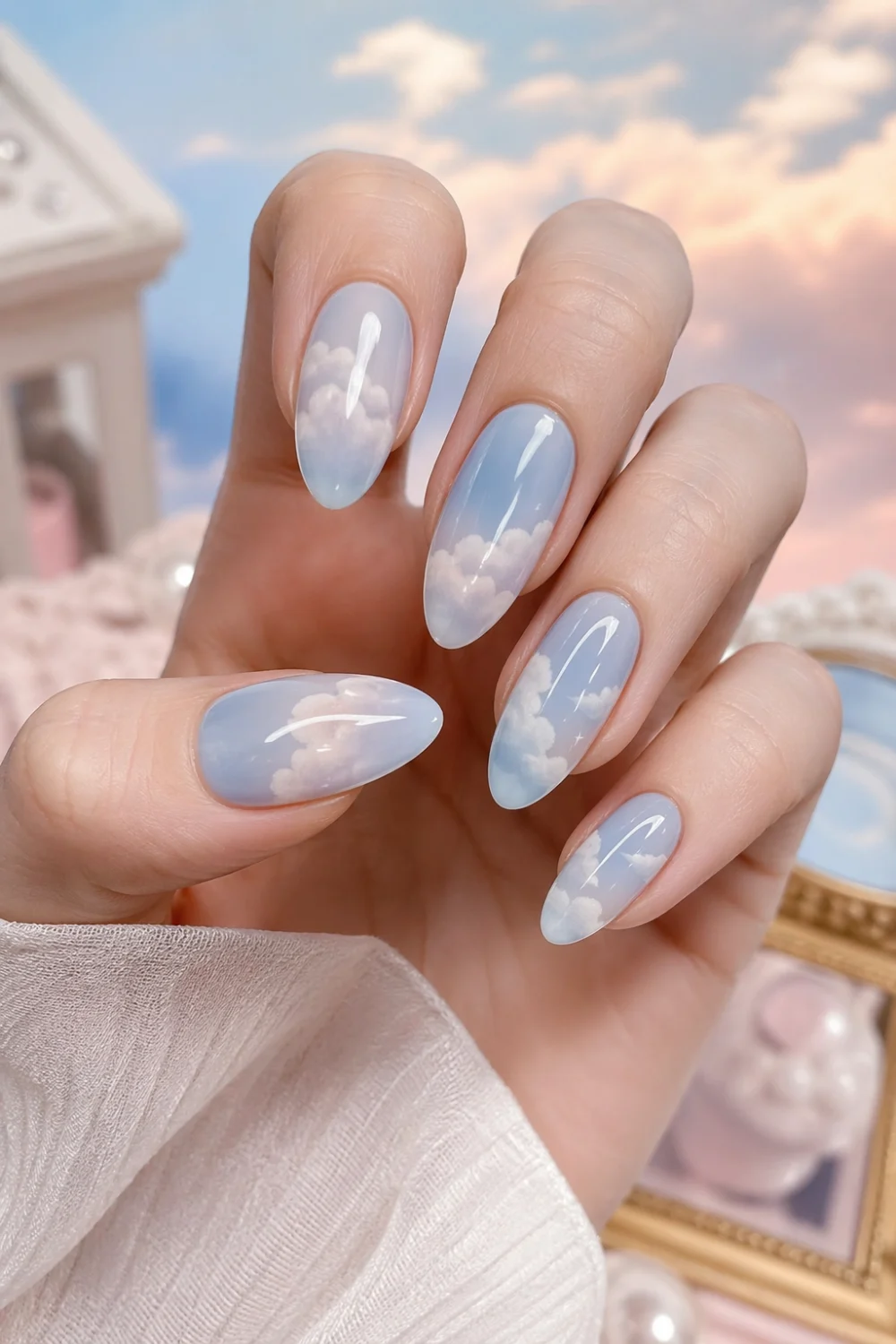 cloud milk bath nails blue sky nails fluffy white clouds glossy almond nails dreamy sky aesthetic manicure soft cute nail design
