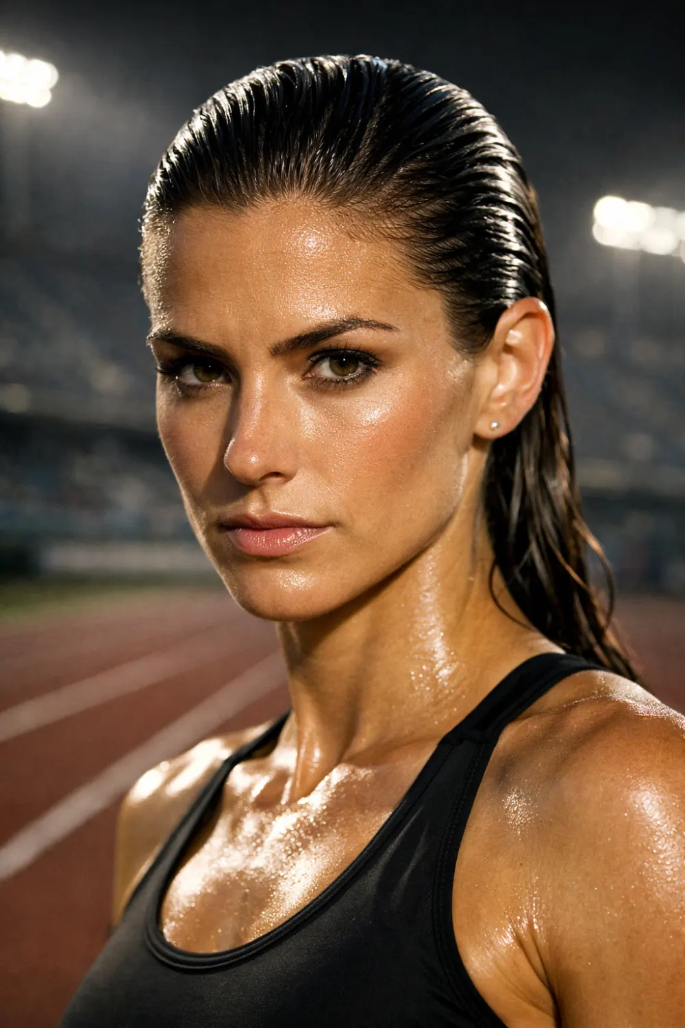 Female runner with slicked back athletic hairstyle on stadium track, sporty gel hairstyle inspiration for runners, track practice hairstyle and training look
