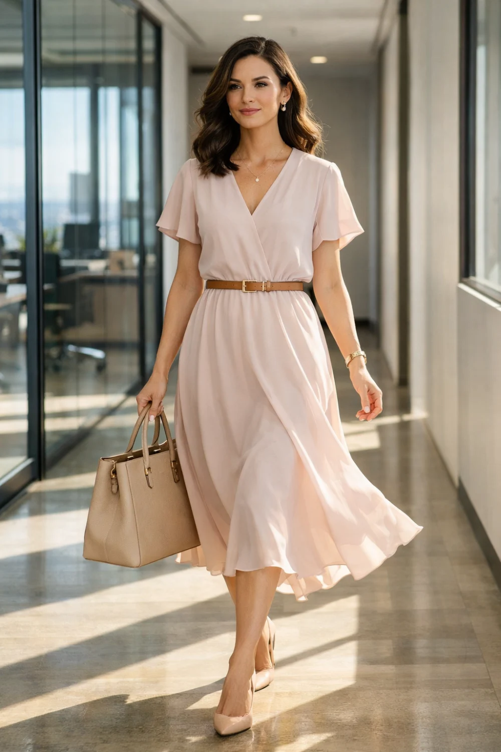 Elegant woman wearing a belted midi dress styled for a soft summer work outfit in a bright office hallway with natural light and a structured tote bag.