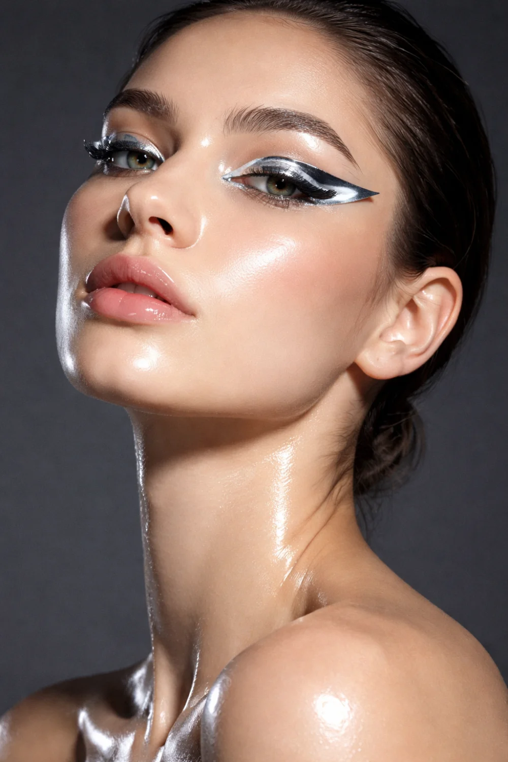 chrome mirror eyeliner metallic silver bold futuristic graphic eye makeup