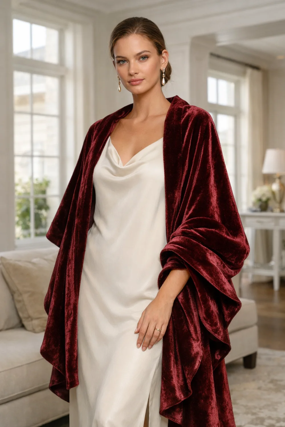 Burgundy velvet shawl draped over a cream slip dress on a model in a bright cozy interior, soft lighting, layered elegant outfit idea