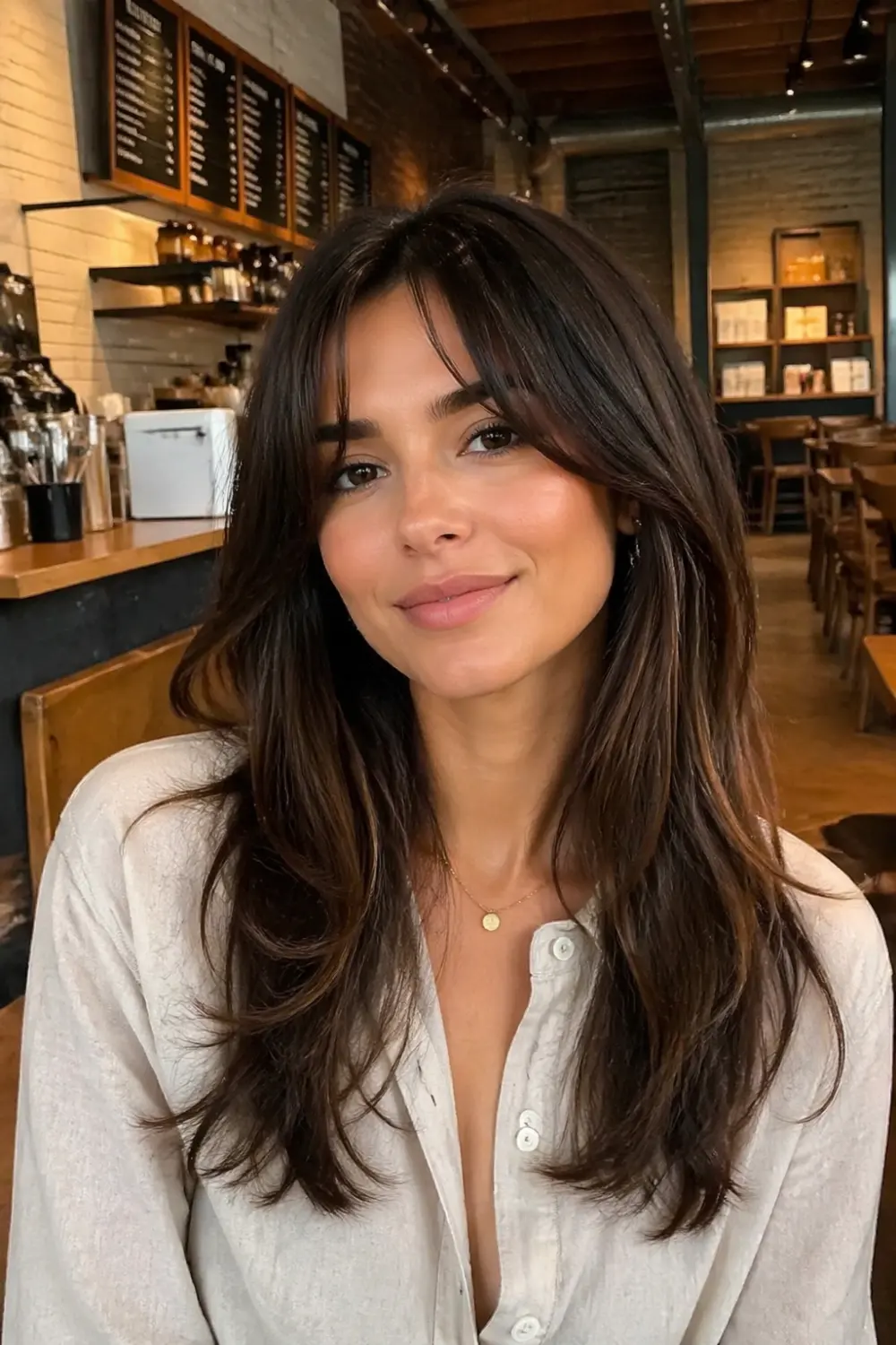 side parted curtain bangs with layered hair soft volume and movement head to chest portrait in cafe interior with tables warm lighting and realistic background