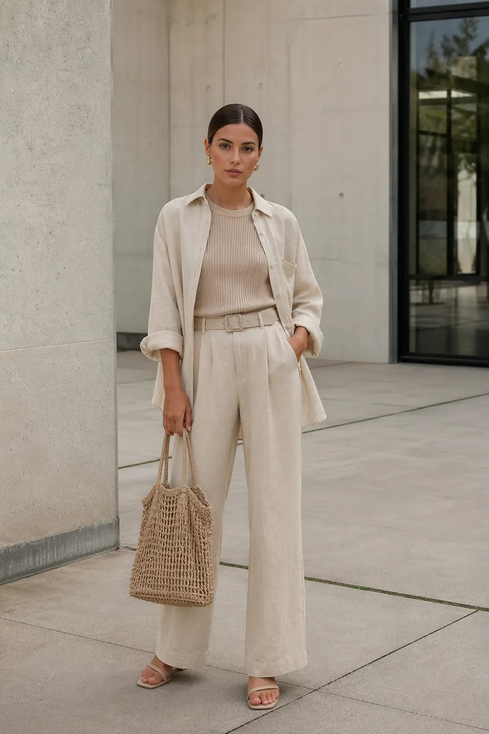 monochrome neutral outfit beige layers poetcore aesthetic full body minimal fashion modern elegant style trousers shirt soft tones