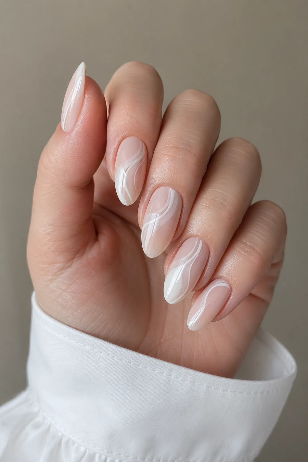swirl milk bath nails abstract white swirl design milky base glossy almond nails modern minimal aesthetic manicure soft nail trend