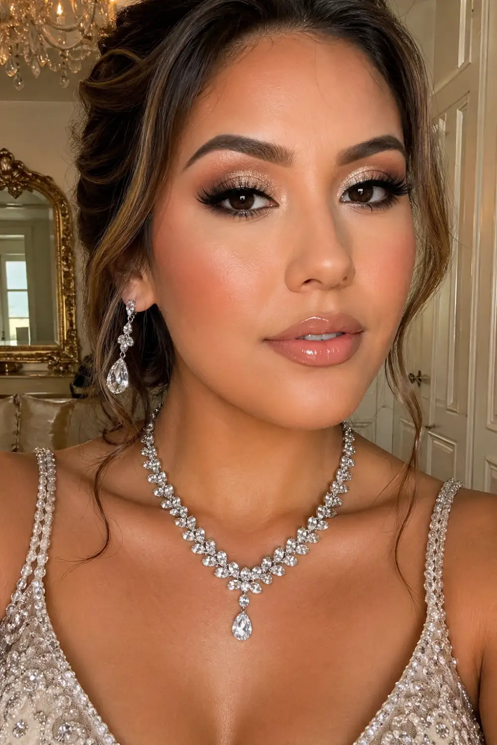 subtle glitter eye bridal makeup close up shimmer eyes glossy lips glowing skin soft glam bridal look