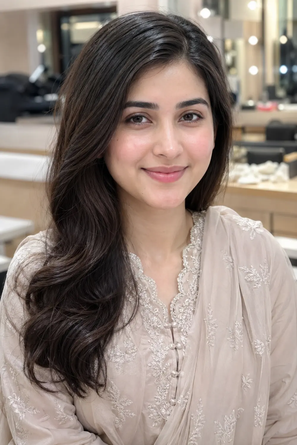 Natural bridesmaid blush makeup with barely there glow, soft skin finish, minimal makeup look, Pakistani bridesmaid portrait, fresh bridal beauty
