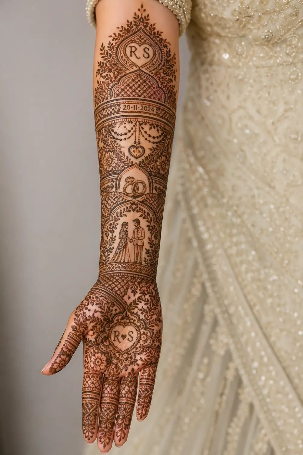 personalized full sleeve mehndi design with initials, wedding date, rings and heart motifs, storytelling henna pattern, detailed bridal hand design from fingers to elbow, elegant custom mehndi look