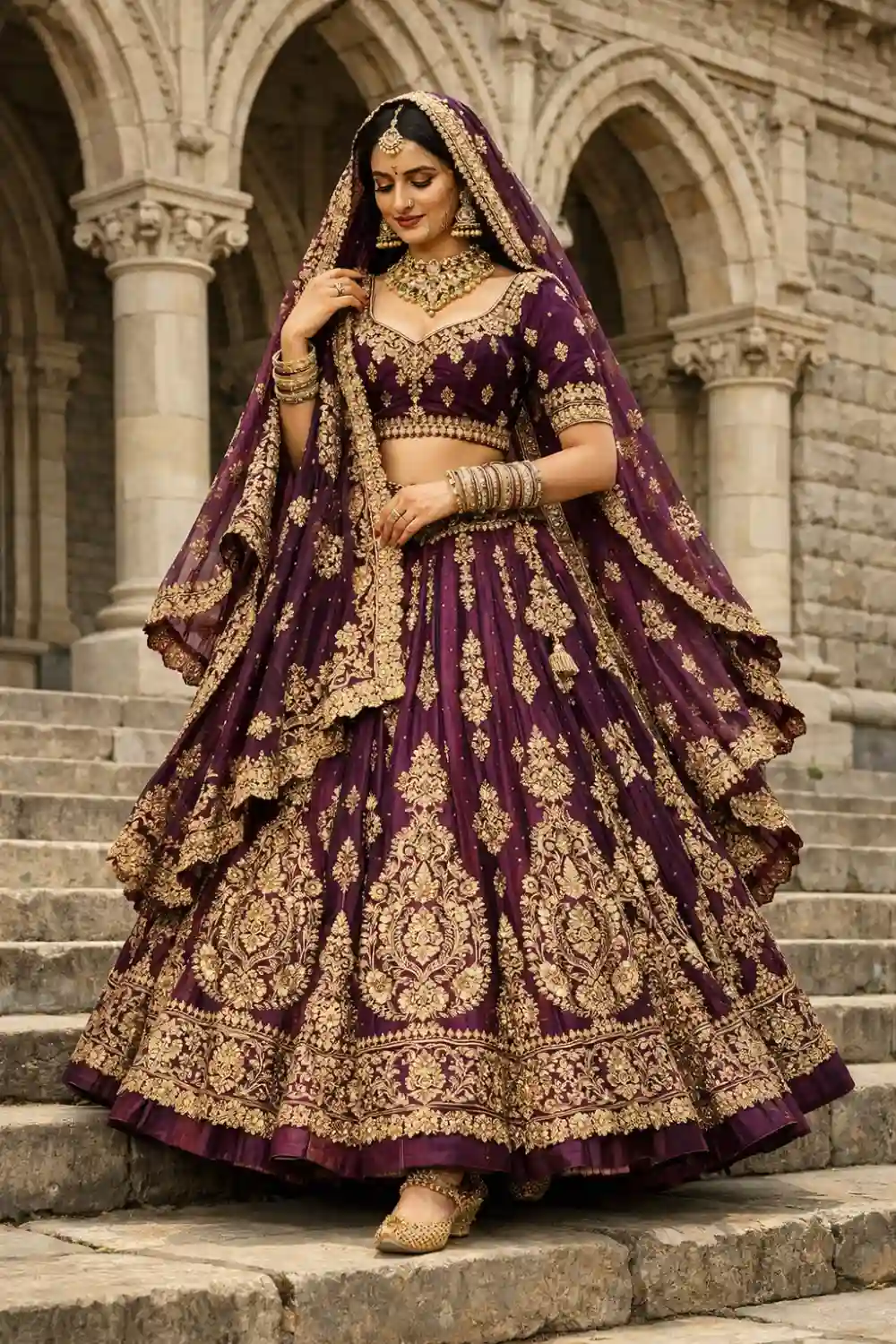 Elegant bride wearing a royal plum embroidered bridal lehenga with intricate gold details and flowing dupatta, standing on historic stone steps in a grand architectural setting.