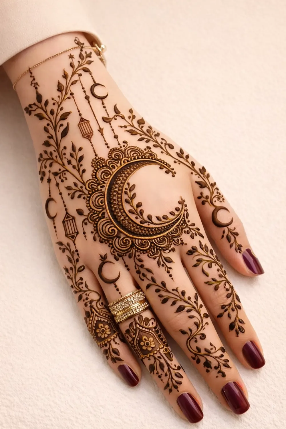 Elegant crescent vine mehndi design with delicate floral patterns and hanging lantern details on the hand, stylish Arabic henna pattern perfect for Eid, weddings, and festivals.