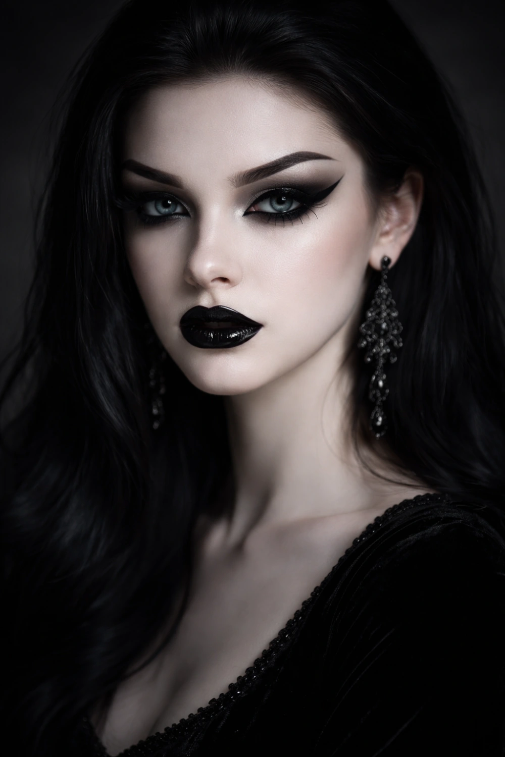 Midnight gothic glam makeup featuring jet black lipstick sharp winged eyeliner porcelain skin and dramatic dark romantic beauty aesthetic perfect for gothic glam inspiration