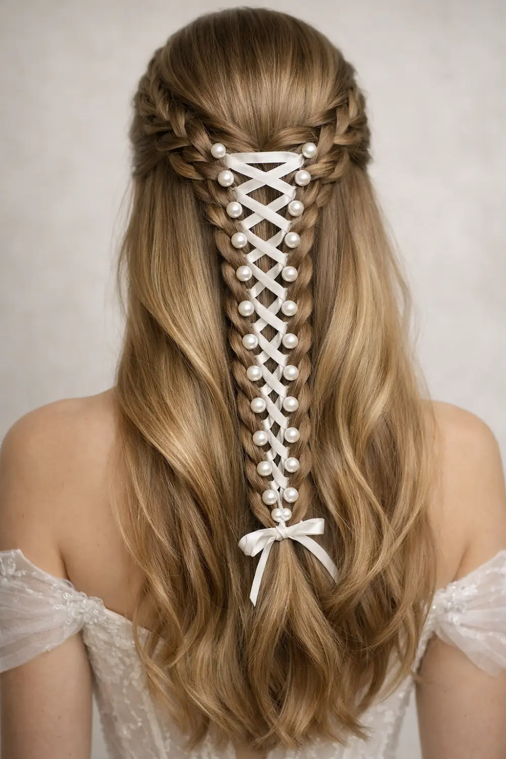 Pearl corset braid hairstyle with ribbon lacing and pearl accents creating an elegant crisscross corset design, luxurious braided hairstyle inspiration for long hair