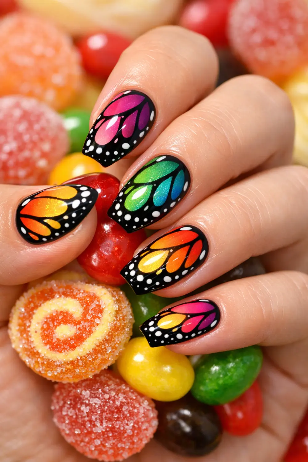 Full female hand holding colorful candy showing rainbow butterfly wing nail art with vibrant colors glossy gel manicure playful butterfly nail inspiration