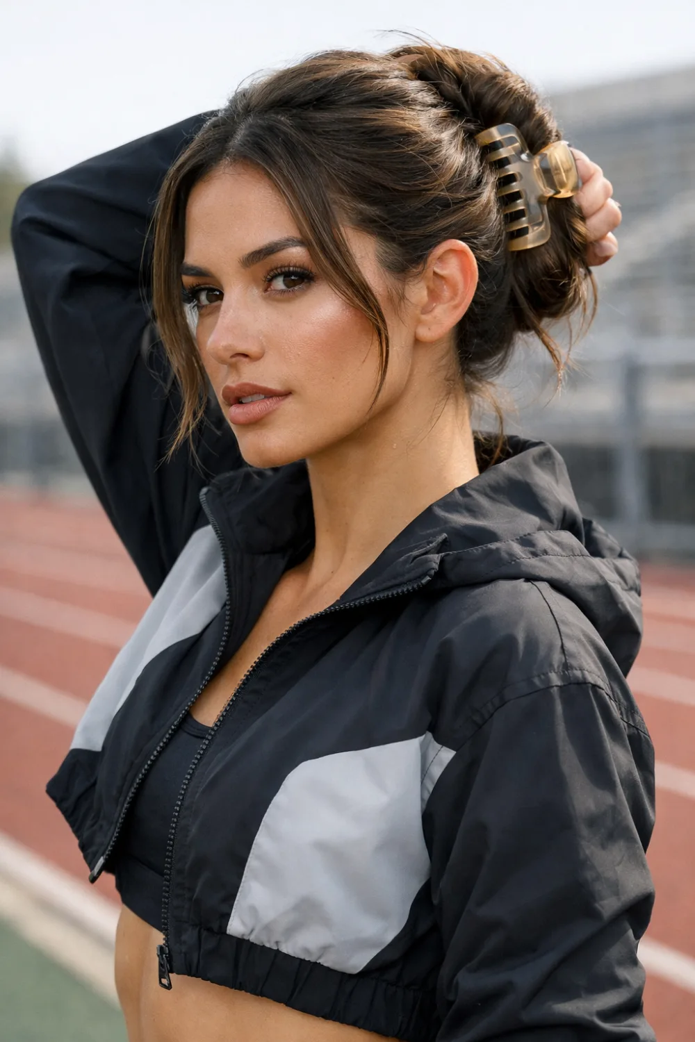 Female athlete with claw clip sporty hairstyle on running track, casual athletic hair inspiration for runners, track practice hairstyle and sporty training look