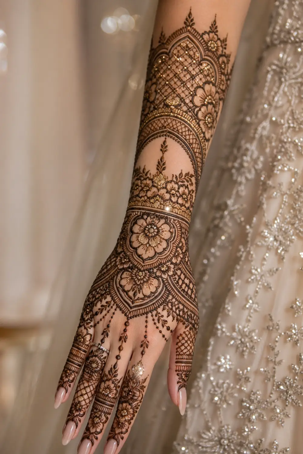 glitter accent full sleeve mehndi design with floral patterns and subtle shimmer highlights, modern bridal henna with decorative elements, detailed design from fingertips to elbow, elegant festive look