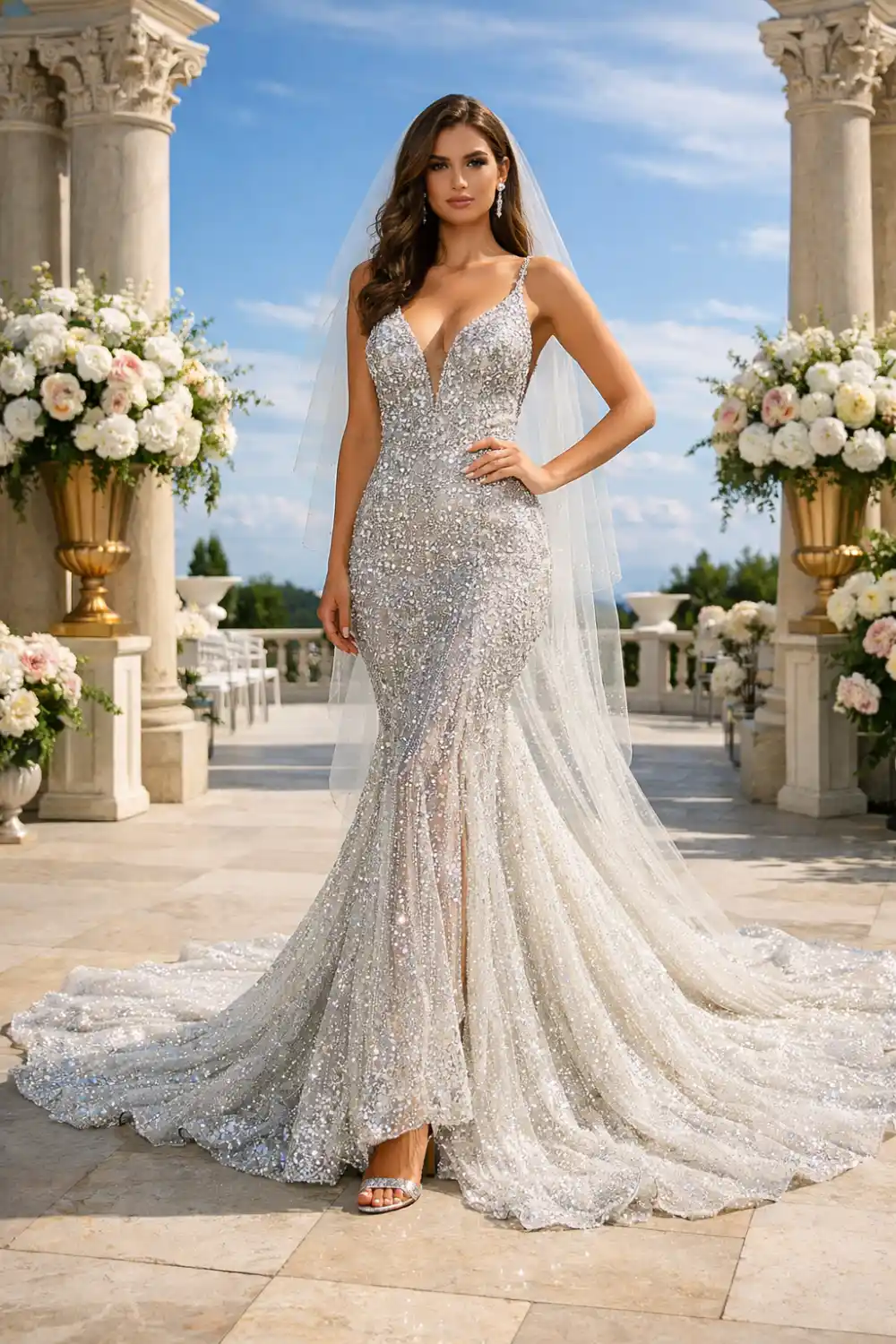 Glamorous bride wearing a sparkling silver bridal gown with shimmering embellishments and long elegant train, standing in a luxury outdoor wedding venue with floral decor.
