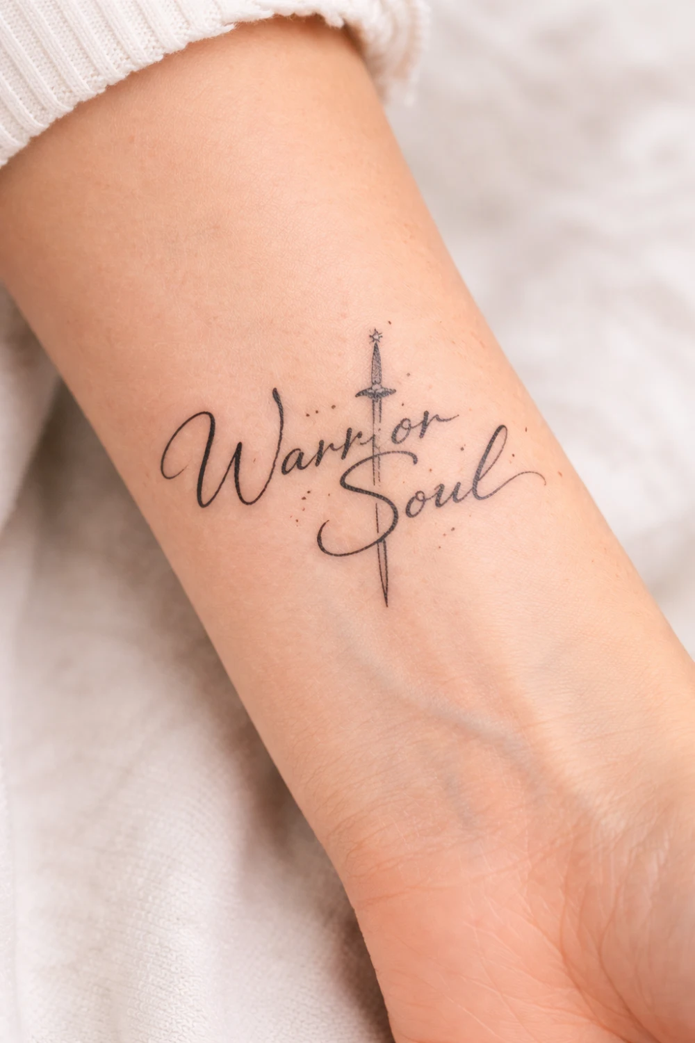 Warrior Soul wrist tattoo for women with sword symbol representing courage strength and resilience, inspiring feminine warrior tattoo trending on Pinterest.