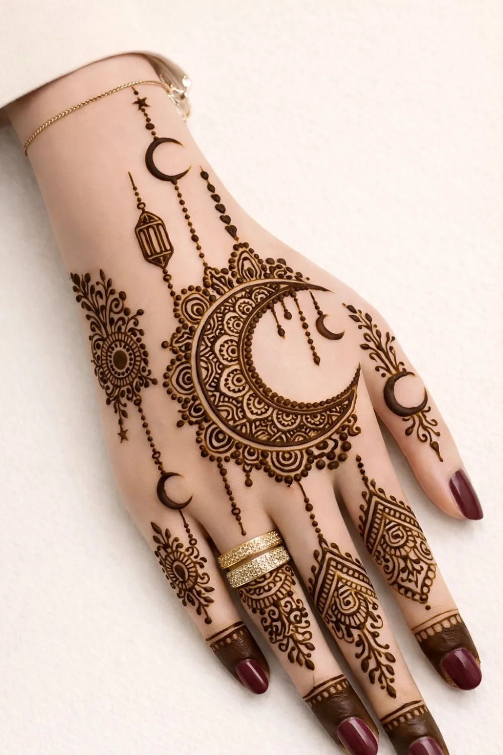Ornate crescent lantern mehndi design with decorative chains, stars, and detailed finger patterns on the hand, rich Arabic henna style perfect for festive celebrations and weddings.