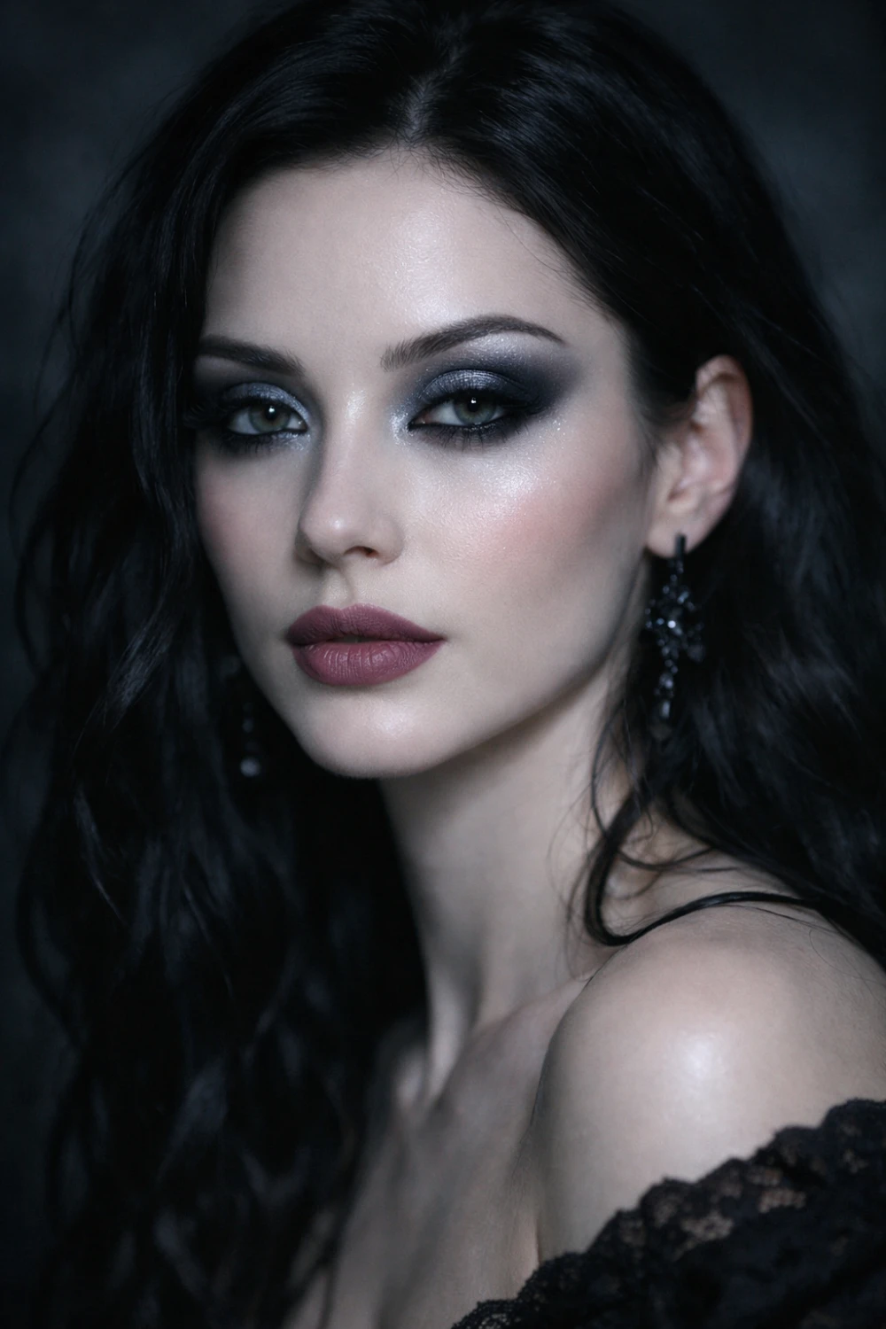 Moonlit gothic beauty makeup featuring silver smoky eyes glowing skin soft mauve lips and mysterious dark romantic beauty aesthetic inspired by moonlight glam