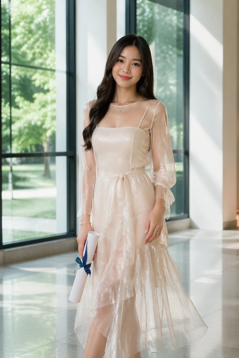sheer overlay midi dress graduation outfit layered fabric soft feminine elegant flowy design modern chic look for women