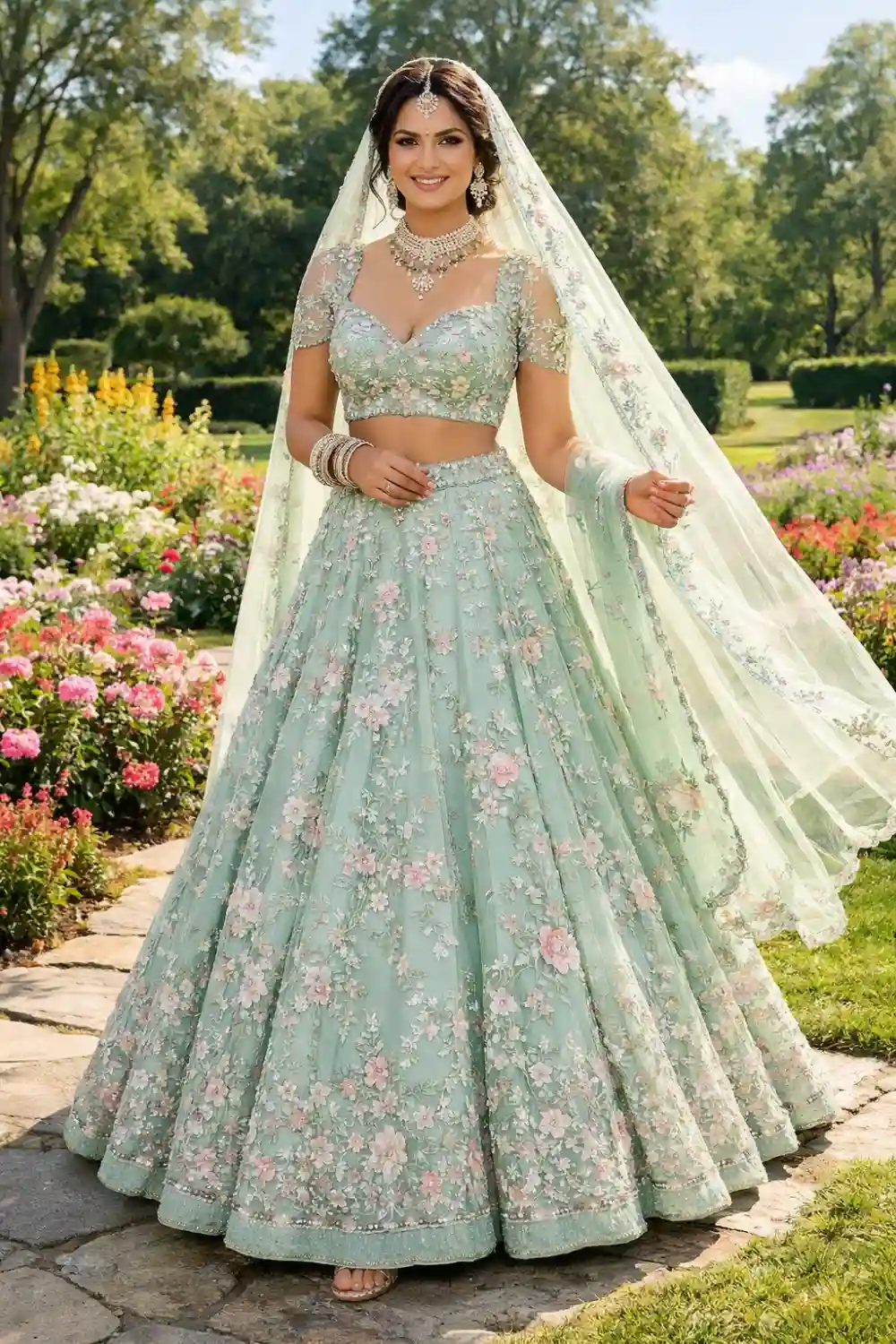 Beautiful bride wearing a mint green floral embroidered bridal lehenga with delicate pastel flower patterns and flowing dupatta in a vibrant garden setting.