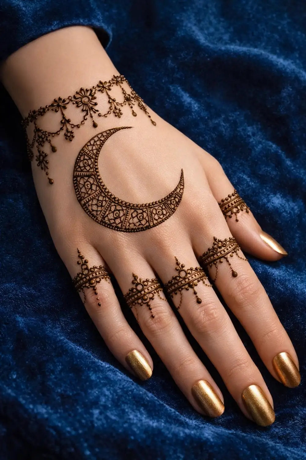 Classic crescent moon mehndi design with geometric patterns and bracelet style finger details on the hand, elegant Arabic henna style perfect for weddings, Eid, and festive occasions.