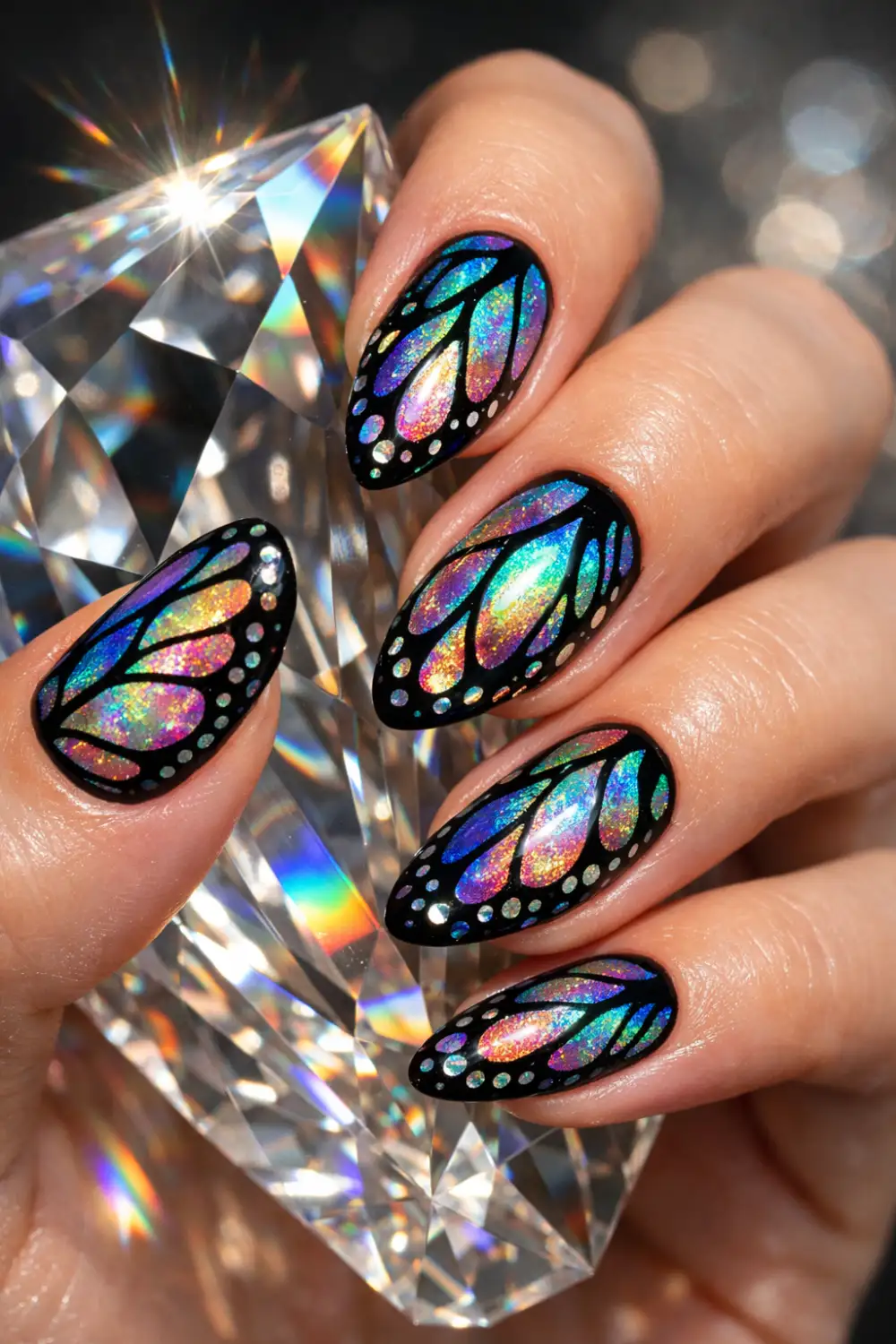 Full female hand holding prism crystal showing holographic butterfly wing nail art with rainbow reflections glossy gel manicure magical nail inspiration