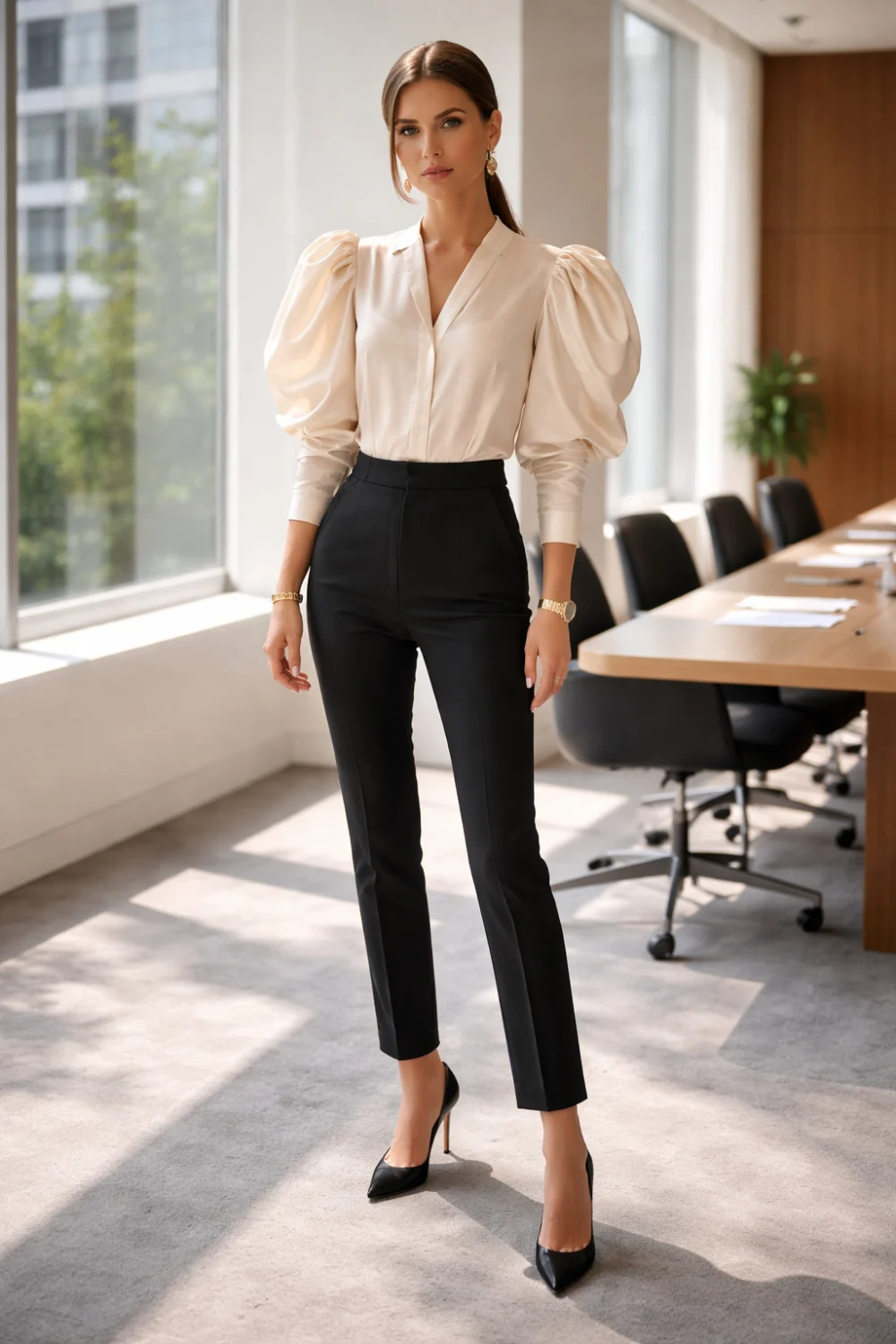 Fashionable woman wearing a puff sleeve blouse with tailored pants styled for a statement summer work outfit in a modern office meeting room with natural light.