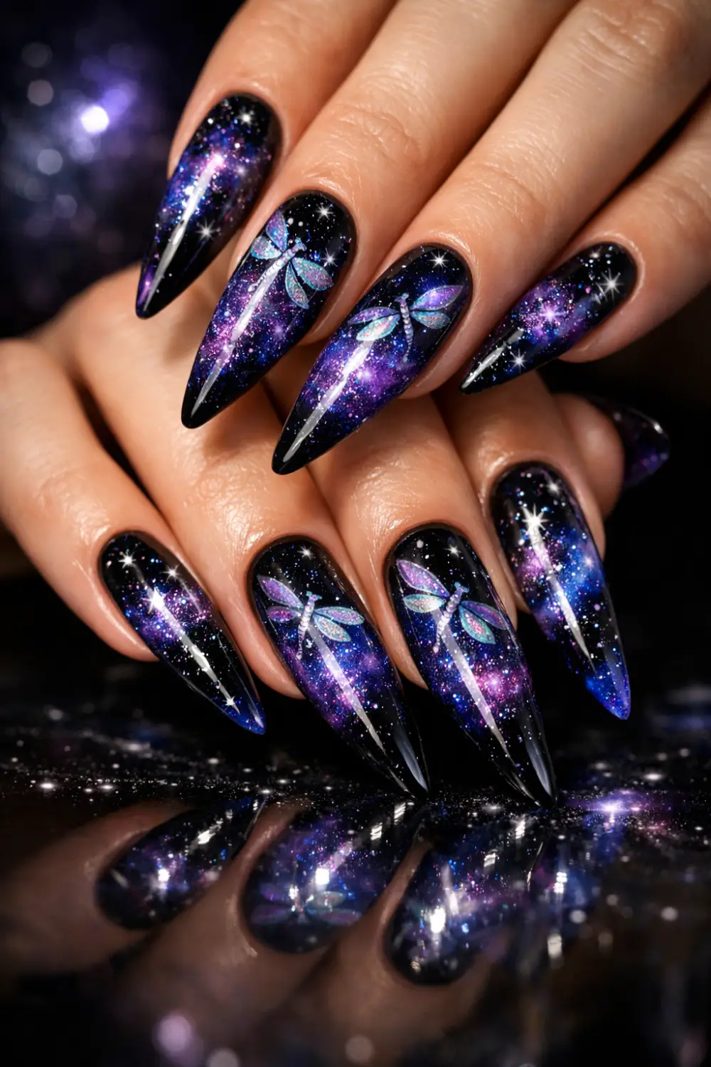 galaxy dragonfly nail art with glitter black nails cosmic manicure design inspiration