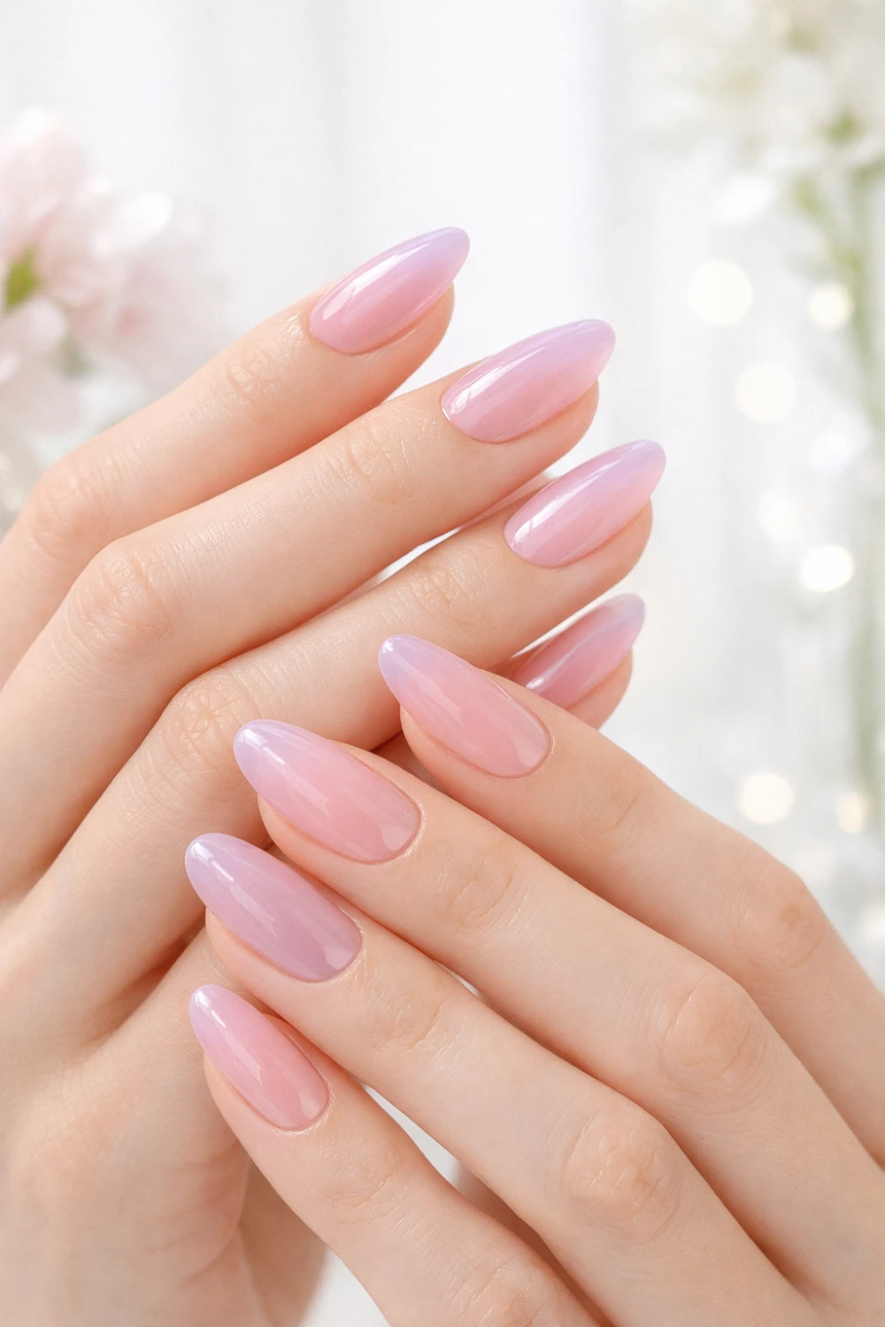 Almond-shaped nails painted in soft pink pastel shade on feminine hands, glossy finish, smooth skin, bright soft background, classic elegant manicure