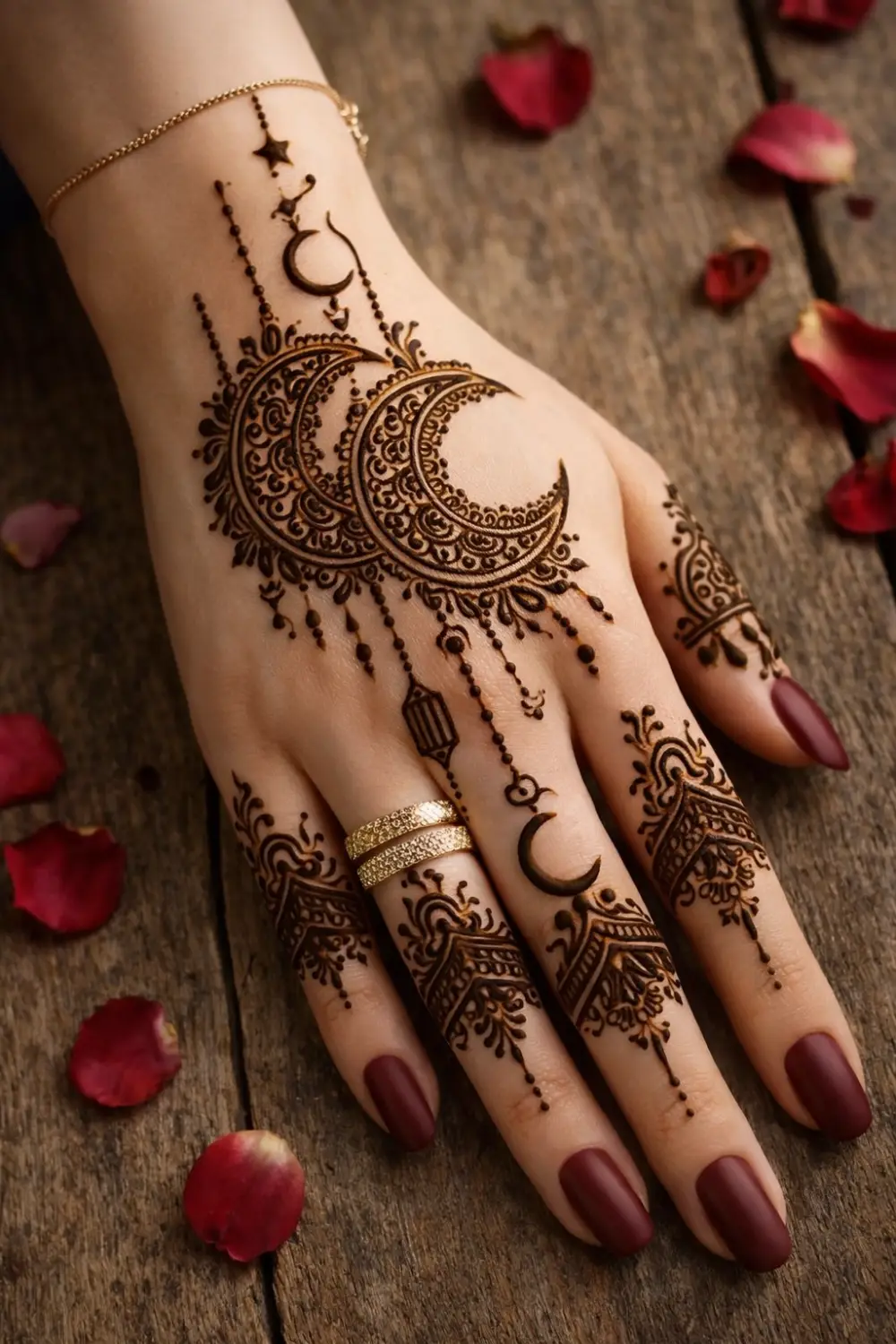Double crescent moon mehndi design with layered patterns and delicate star chain accents on the hand, elegant Arabic henna style perfect for weddings and festive celebrations.