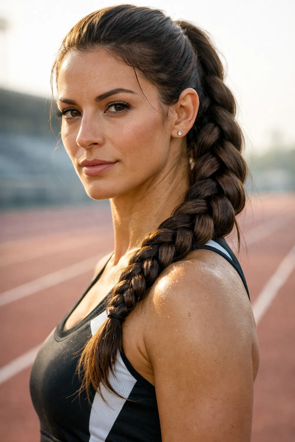 Female athlete with long braided ponytail hairstyle on running track, sporty braid hair inspiration for runners, track practice hairstyles, and stylish athletic training looks