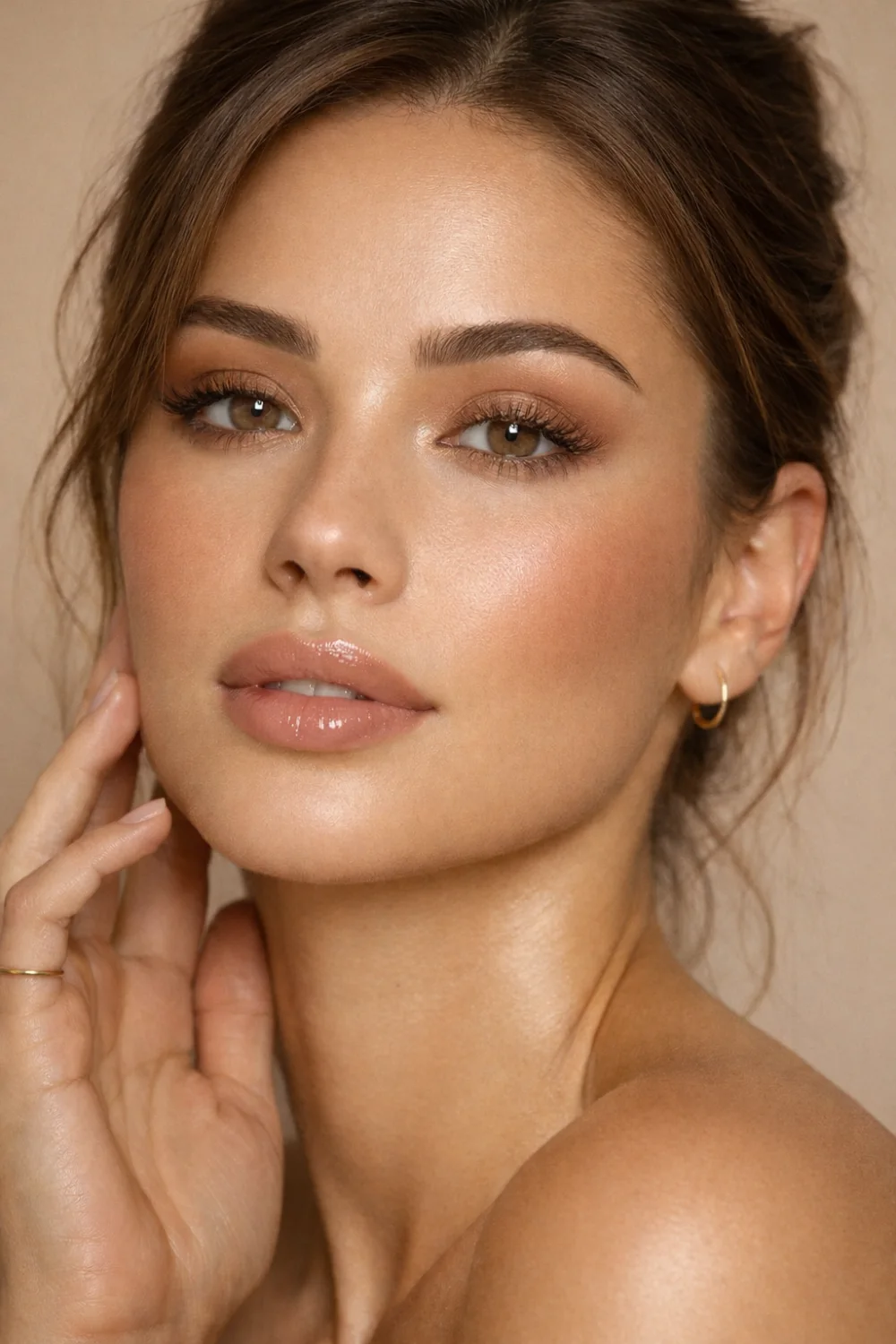 Soft glossy latte makeup look with caramel eyeshadow luminous skin and glossy nude lips creating a radiant warm toned beauty style perfect for trending Pinterest makeup inspiration and glow makeup looks.