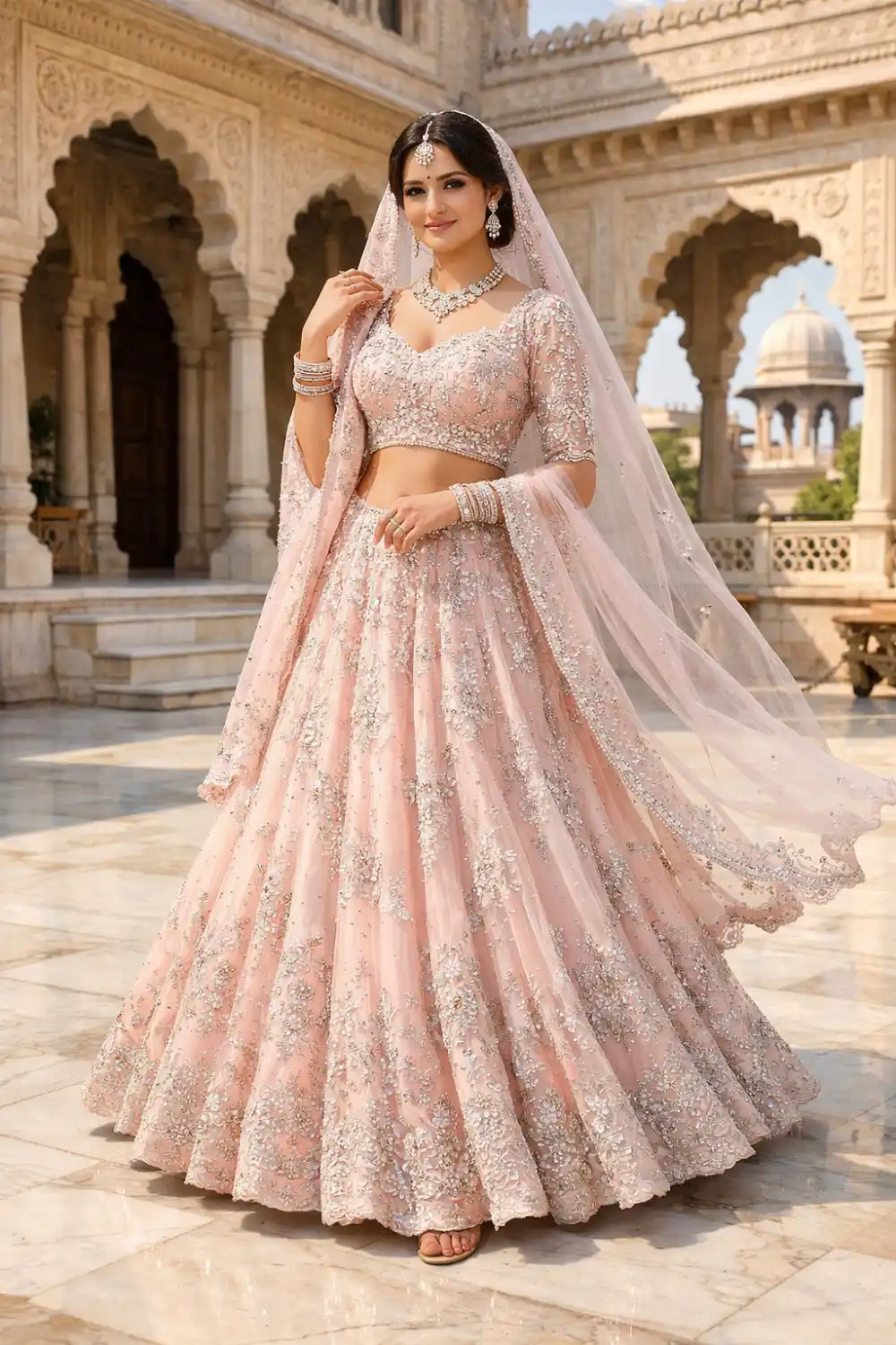 Elegant modern Indian bride wearing a pastel pink embroidered bridal lehenga with delicate silver embellishments and flowing dupatta, posing gracefully in a historic palace courtyard setting.