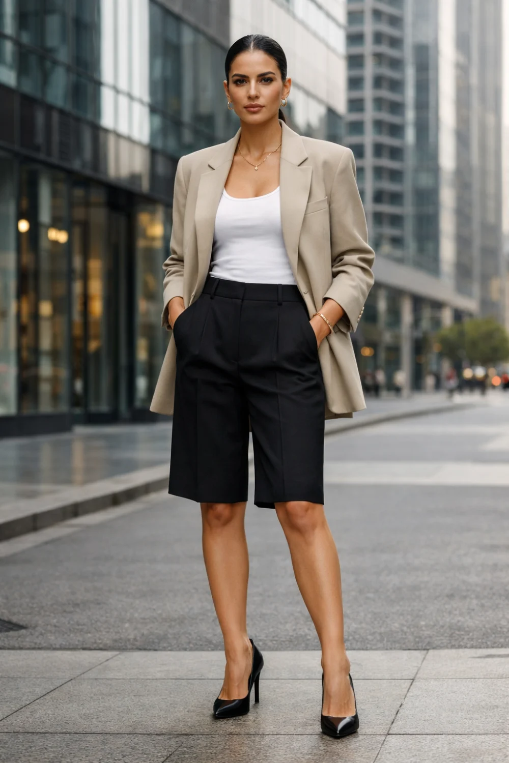 Elegant city outfit featuring a woman wearing tailored black Bermuda shorts with a neutral oversized blazer, white tank top and heels creating a chic modern smart casual summer fashion look.