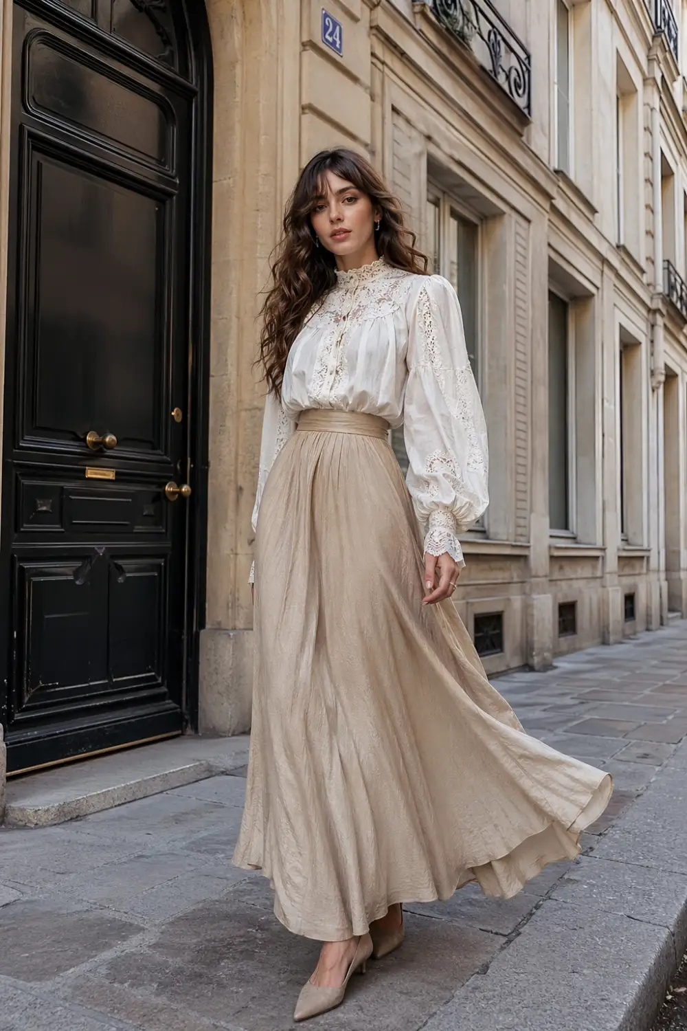 vintage poet blouse lace top high waisted flowing skirt outfit poetcore aesthetic neutral tones romantic feminine full body street style elegant soft look