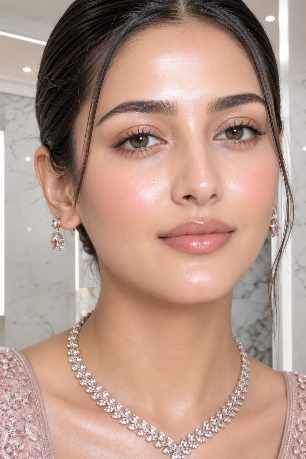 dewy glass skin bridal makeup close up luminous skin natural glow minimal makeup soft glam bride clean beauty look