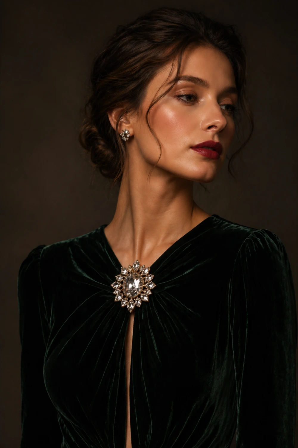 Fashion model in deep velvet dress featuring a bold crystal cluster statement brooch at the center neckline, warm dramatic lighting, luxury evening styling, rich textures and sparkle detail