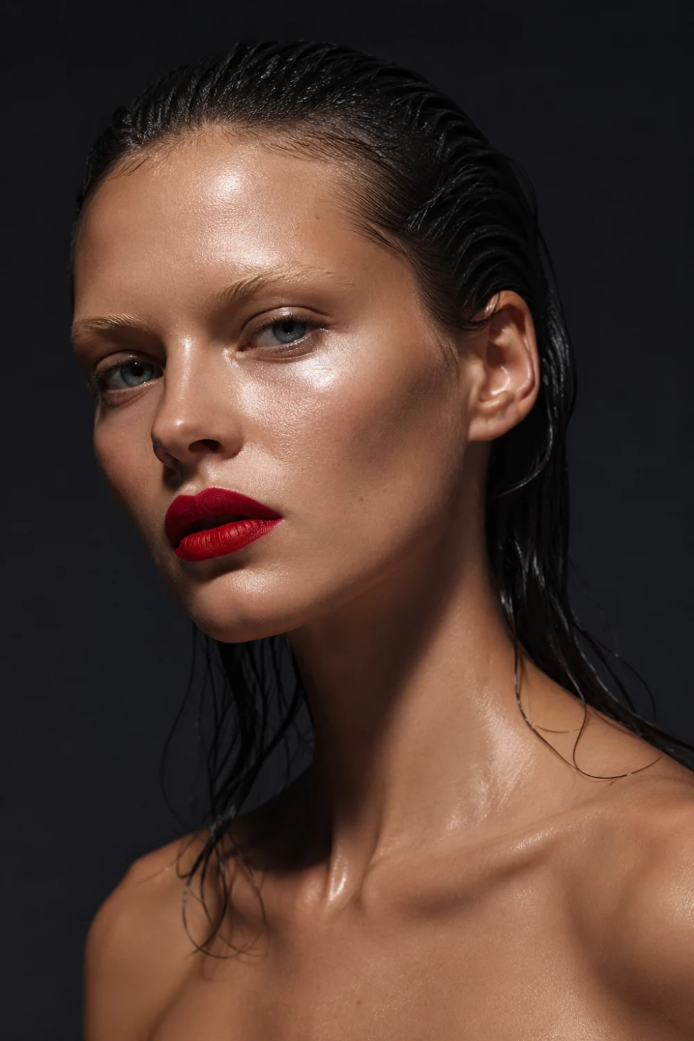 High fashion beauty portrait with wet look slicked back hair, matte bold red lipstick, dewy glowing skin with strong highlights, dark dramatic background, editorial makeup style with intense modern glam vibe