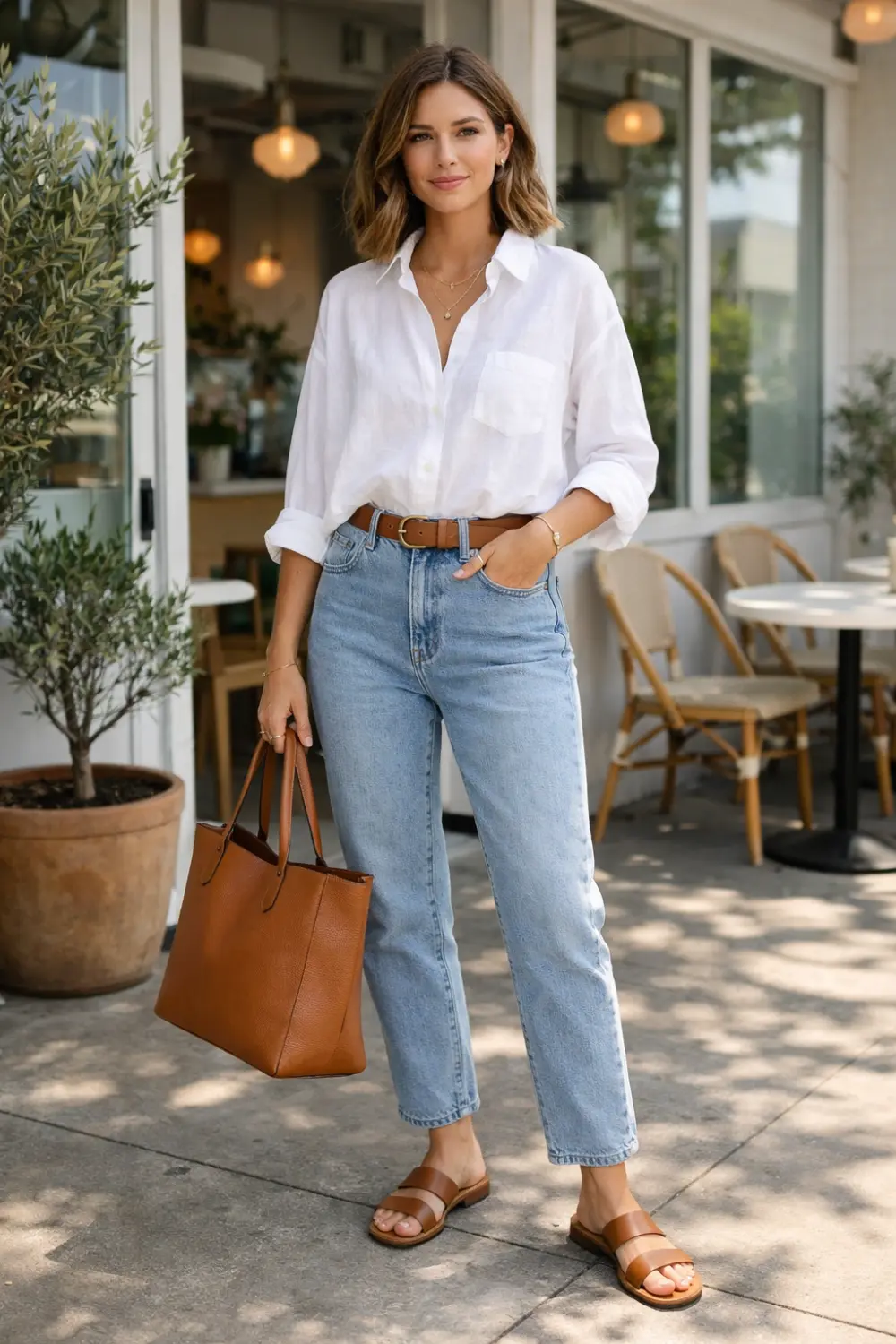 Woman wearing a relaxed white linen button down shirt with high waisted blue jeans and leather sandals outside a modern café, creating a timeless casual spring brunch outfit inspiration for women