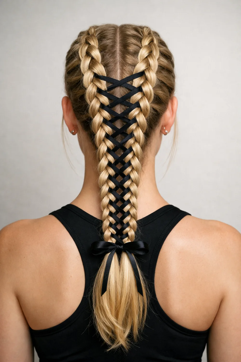 Double dutch corset braid hairstyle with black ribbon laced between two tight dutch braids creating a bold crisscross corset pattern, trendy sporty braided hairstyle idea for long blonde hair