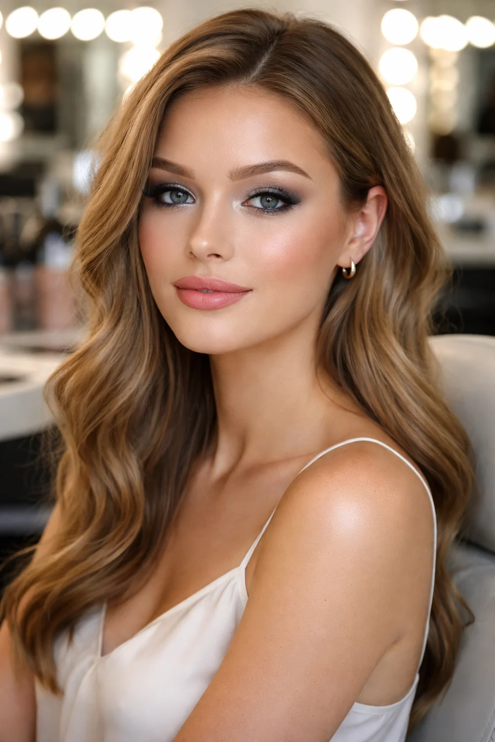 Icy silver frosted eye makeup look with luminous skin highlight, soft glam eyeliner, and nude glossy lips in a professional beauty salon photoshoot creating an elegant icy glam makeup style.