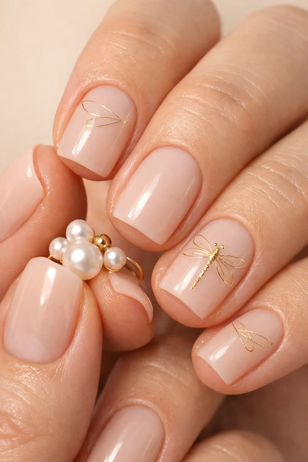 minimal gold dragonfly nail art on nude nails simple elegant manicure idea for everyday look
