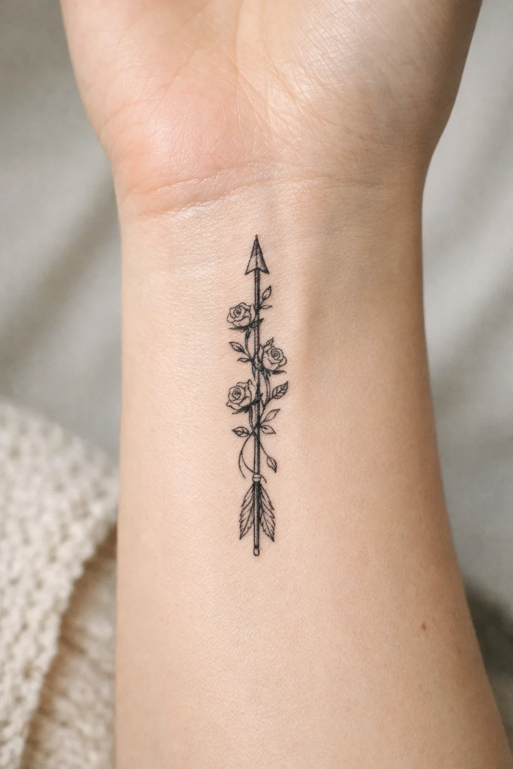 Minimalist arrow wrist tattoo with roses for women symbolizing direction strength and growth, delicate floral arrow tattoo design trending on Pinterest for feminine wrist tattoo ideas.