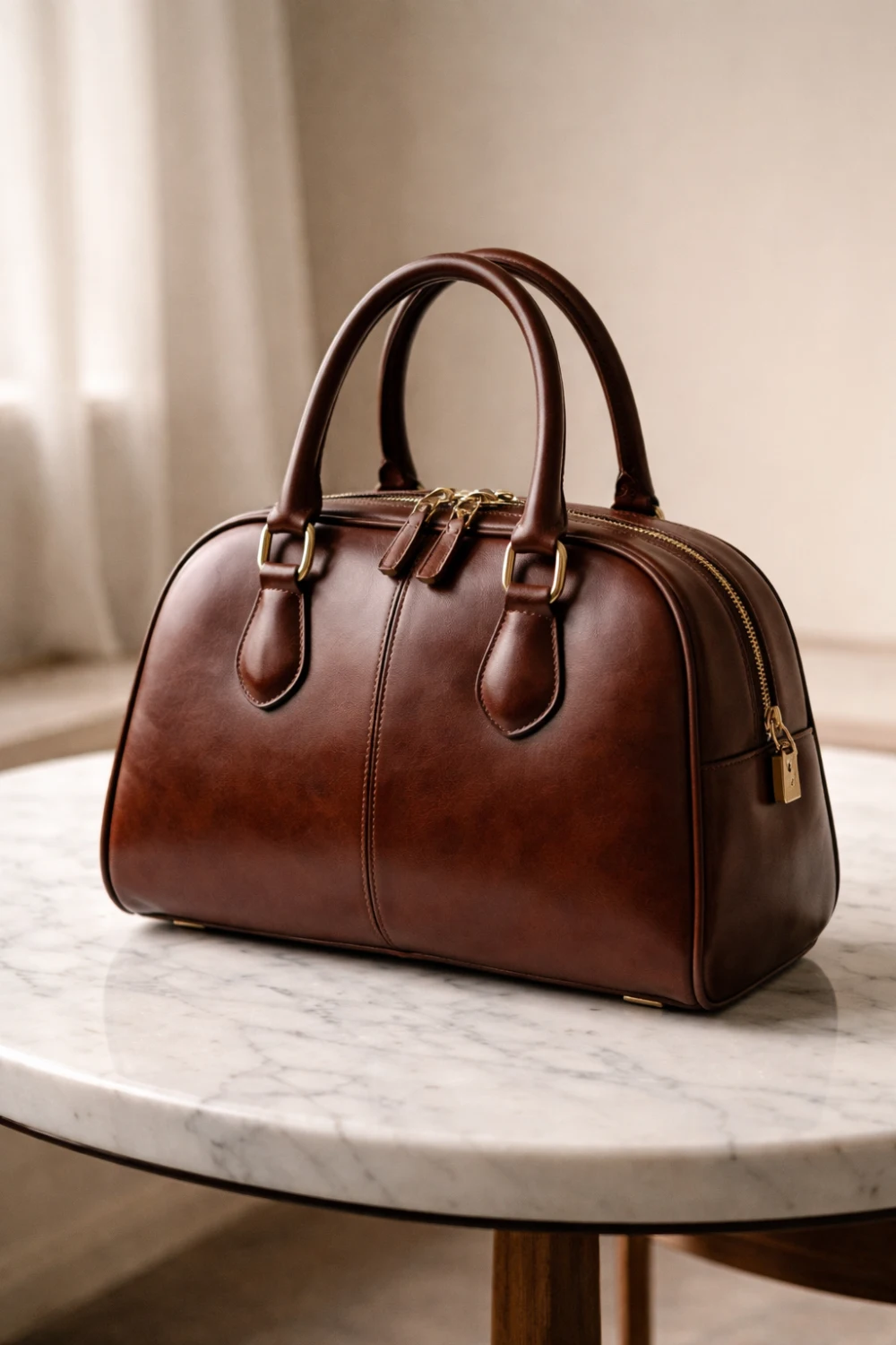 Classic brown leather bowling handbag with structured shape and elegant top handles placed on marble table, timeless vintage inspired handbag trend for women fashion 2026.