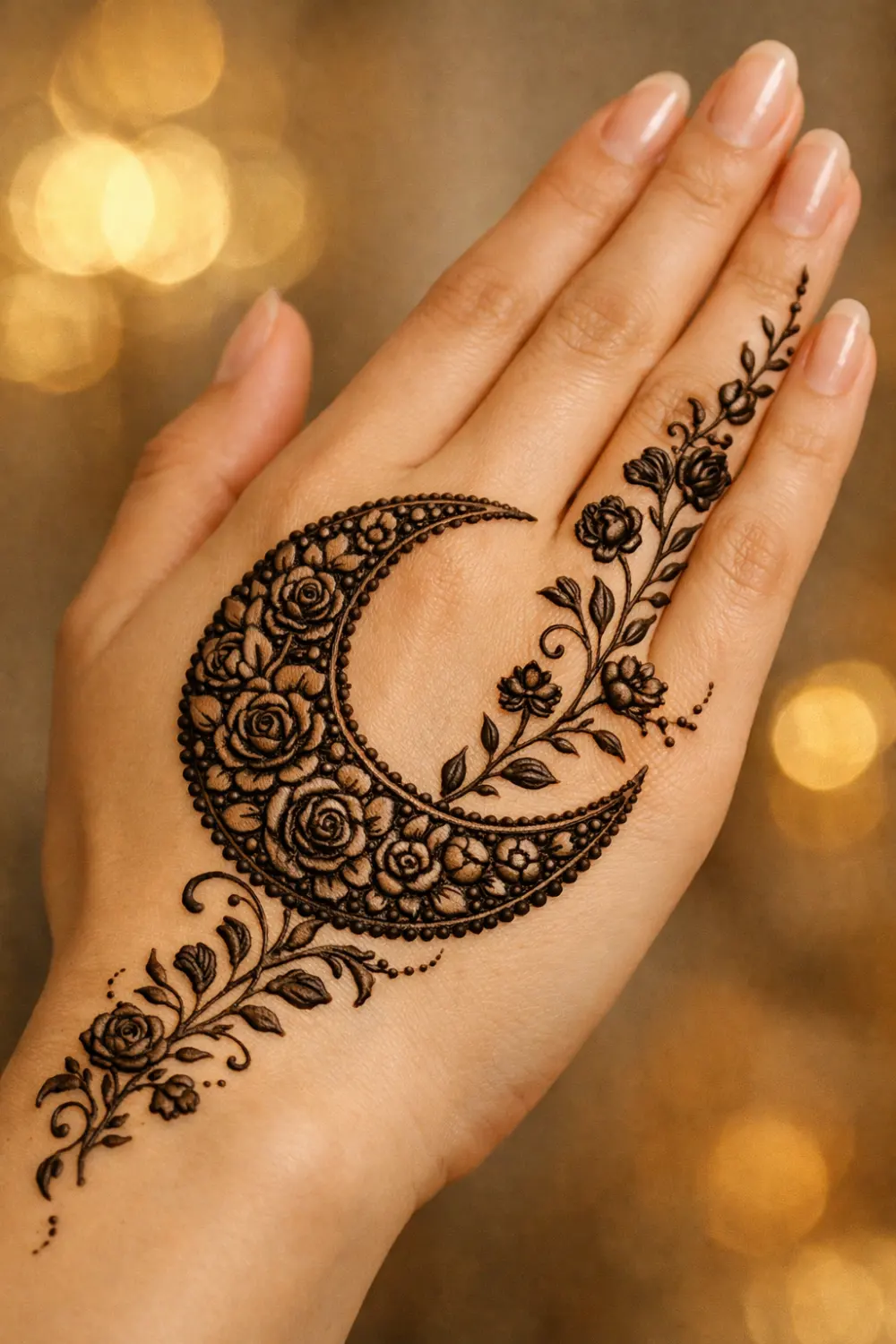 Floral crescent moon mehndi design with detailed rose patterns and elegant leafy vines flowing across the hand, stylish Arabic henna design ideal for Eid, weddings, and festive celebrations.