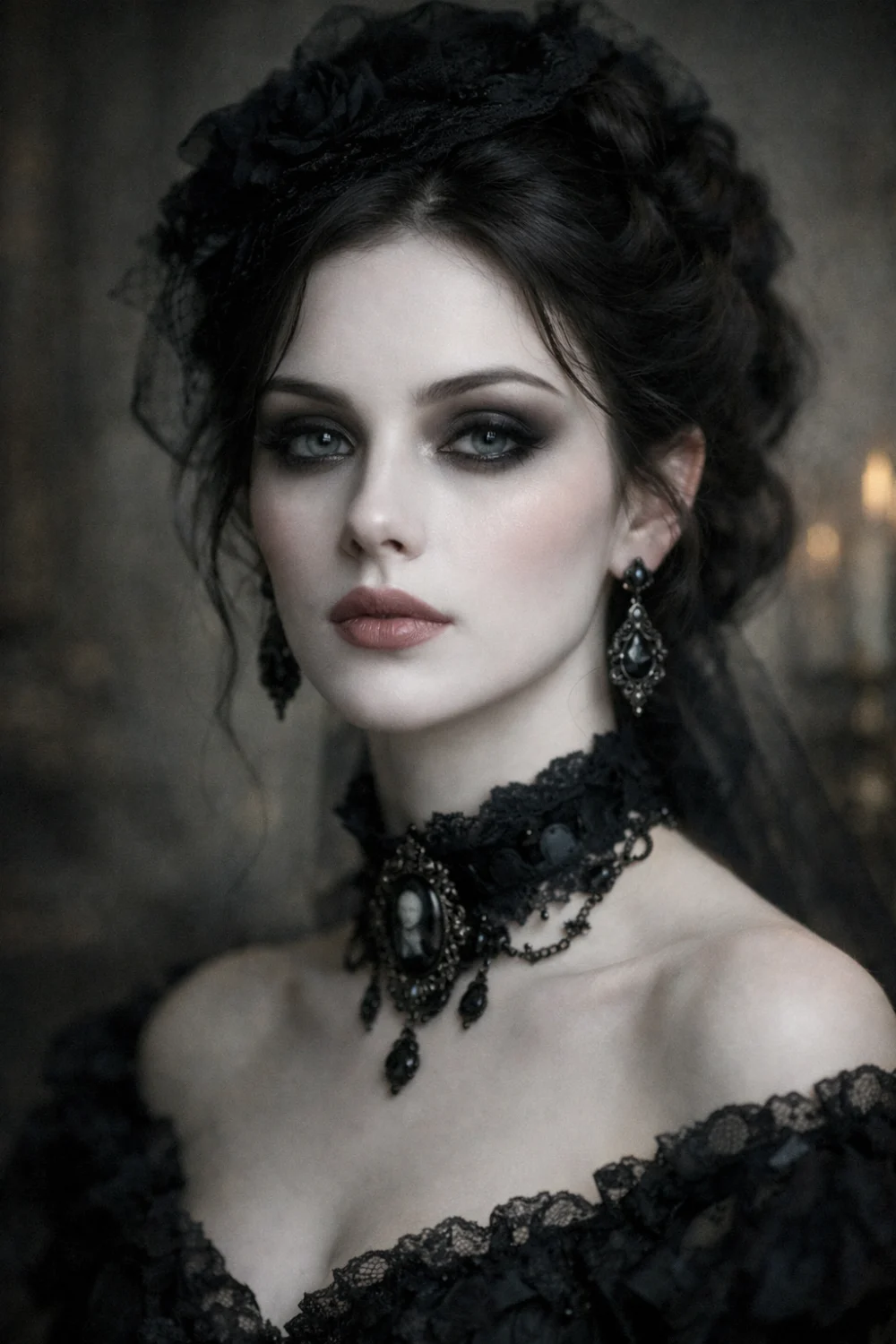 Victorian ghost beauty makeup featuring pale porcelain skin soft smoky eyes vintage gothic styling and delicate romantic elegance creating a haunting dark romantic beauty aesthetic