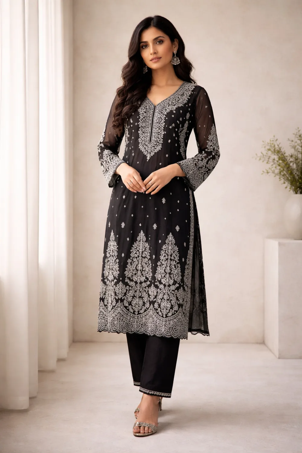 Elegant black embroidered designer kurti with intricate silver embroidery, sheer sleeves and detailed neckline paired with black trousers, stylish Pakistani kurti outfit perfect for evening wear and festive occasions.