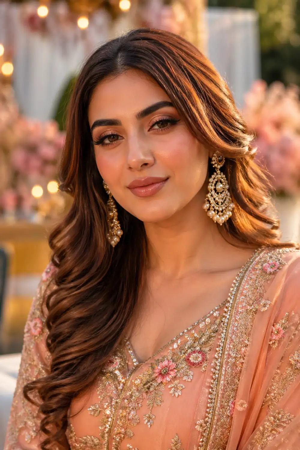 Peachy dewy bridesmaid blush makeup with glowing skin, glossy lips, warm peach tones, soft glam bridal look, Pakistani bridesmaid portrait, salon lighting, radiant finish