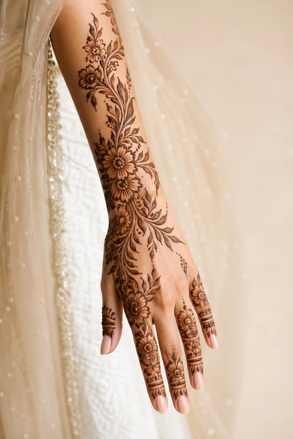 elegant Arabic full sleeve mehndi design with flowing floral trail, bold flowers and leafy vines, minimal spacing, clean modern henna pattern from fingers to elbow, bridal hand with soft lighting and detailed linework